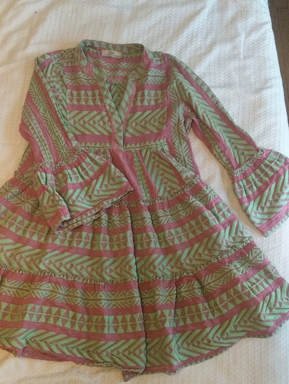 Devotion Twins Ella Geometric Chevron Tiered Tunic Dress Pink Green XS